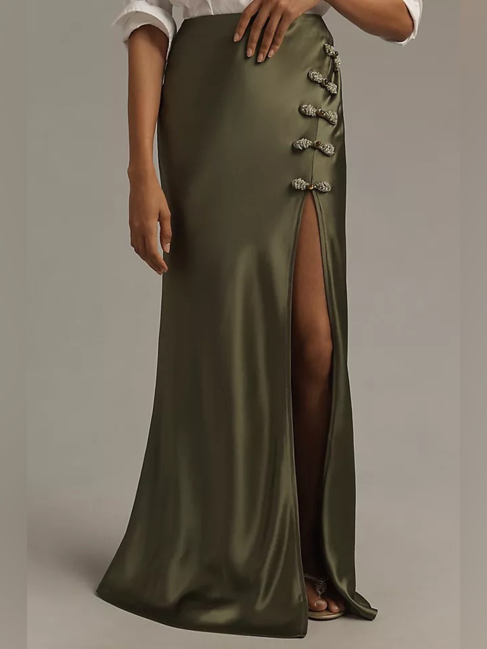 Olive Satin Maxi Skirt with Side Slit and Knot Buttons